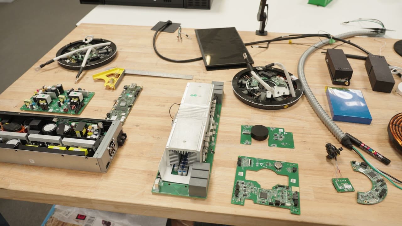 An Impulse cooktop stripped down on the bench, the induction coil in hand, and the team at the whiteboard.